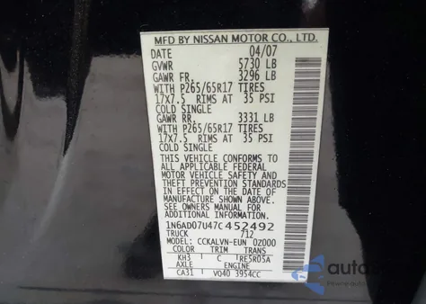 2007 Nissan Frontier Le from USA, damaged, VIN 1N6AD07U47C452492